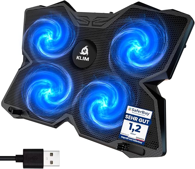 KLIM Wind Laptop Cooling Pad - More Than 500 000 Units Sold - New Version - The Most Powerful Rapid Action Cooling Fan - Laptop Stand with 4 Cooling Fans at 1200 RPM - USB Fan - PS5 PS4 - Blue
