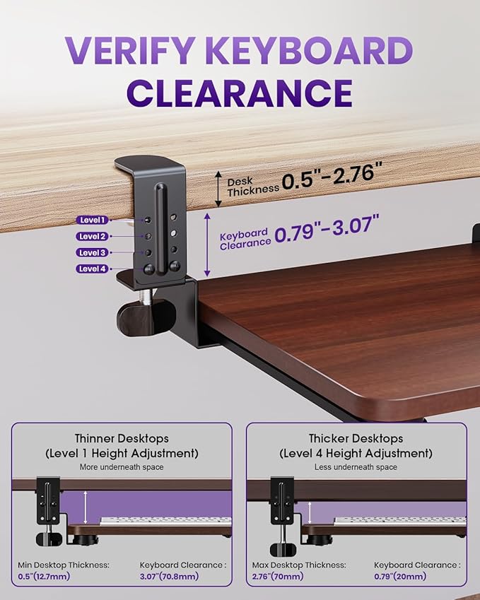 Ergonomic Keyboard Tray Under Desk, Pull Out with Adjustable C-clamp, 25.6 (31.5 Including Clamps) x 11.8 Inch Slide Out Computer Keyboard Drawer Mouse Tray for Typing, Large & Walnut