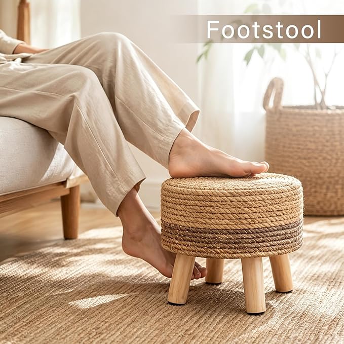 Wimarsbon Round Foot Stool Natural Seagrass Poufs Ottoman Hand Weave Footrest Stool for Couch Desk Extra Seat Step Stool with Solid Wood Legs for Hallway Patio Lounge Brown