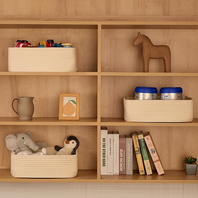 MiniArk Large Shallow Organizing Baskets 15x11x5.1 Inches - Rope Woven Storage Bins for Bathroom, Shelves, Cube Closet, Beige 4 Packs
