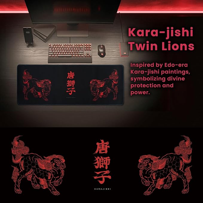 BELLEMOND Japanese Art Desk Mat | Large 31.5x11.8in Anime Mouse Pad for Keyboard & Mouse | Non-Slip Base, Water-Repellent | Original Japanese Design | Kara-jishi - Twin Lions