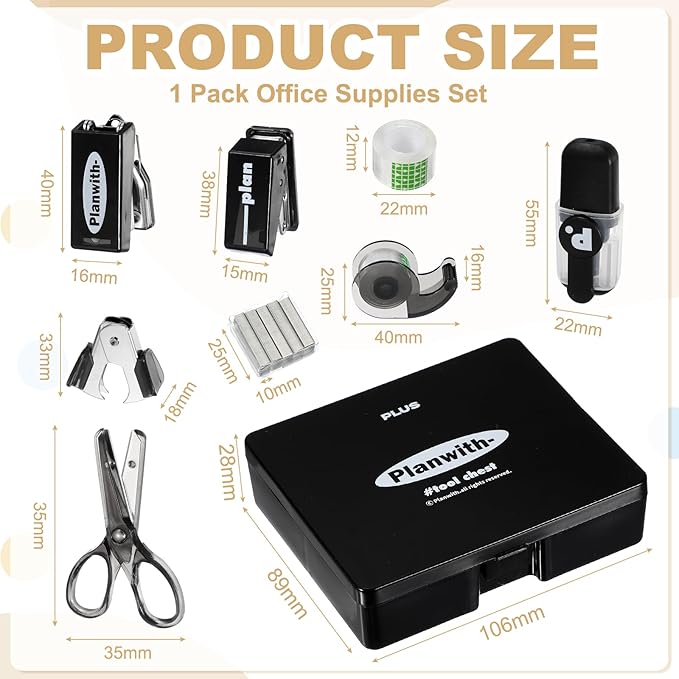 PATIKIL 1 Pack Office Supplies Set, 8pcs Desk Supplies Set Stapler Tape Dispenser Scissors Accessories Kit Mini Office Supply Kit Cute Small for Desk Women Organizer, Black