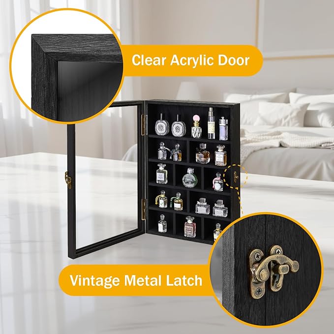 Ikee Design 3 Pcs Set Wall-Mounted Wooden Shadow Cubby Box Display Shelf with 24 Compartments with Door Storage Display Case for Collectibles, Trinkets, Mini Figures, Black Color