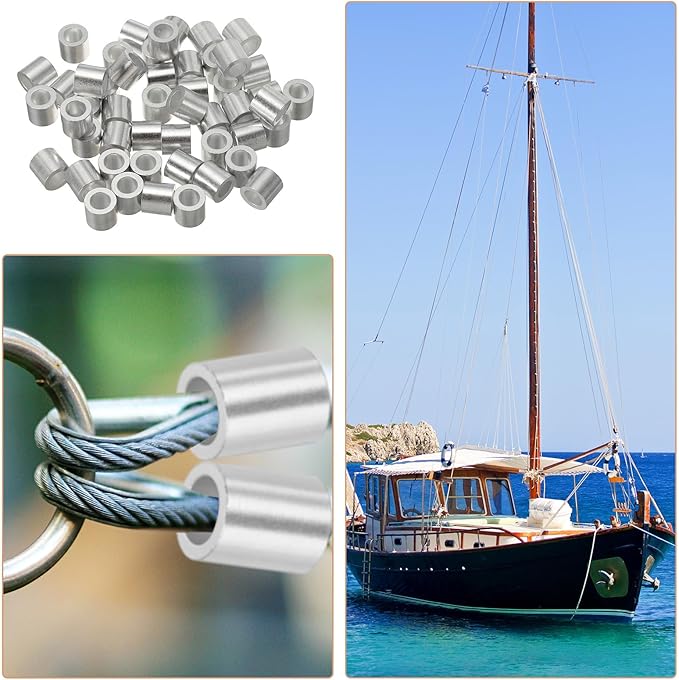 uxcell 1/4"(6mm) Aluminum Crimping Loop Sleeve, Wire Rope Stop Sleeve Round Crimp Ferrules for Wire Rope and Cable Ferrule, Silver 50Pcs