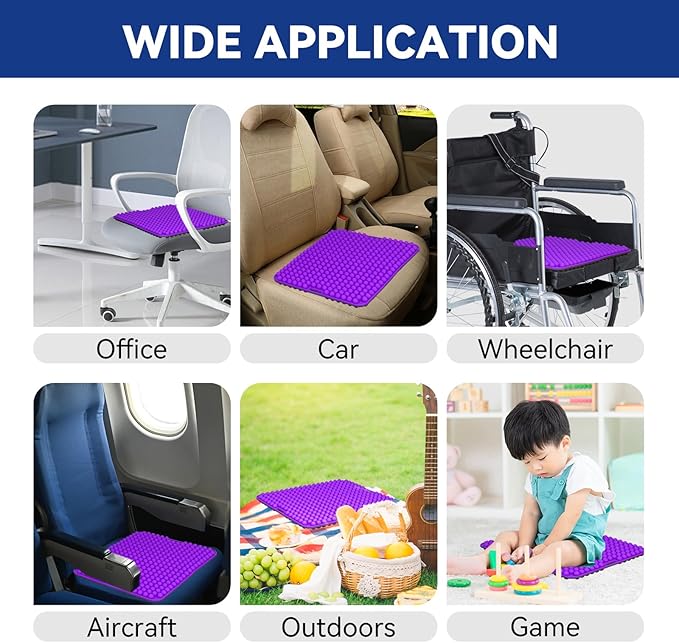 Purple Silicone Seat Cushion for Long Sitting Hours on Office & Home Chair, with 3D Non-Slip for Office Chair Cushions, Car Seats, Airplane Seat, Wheelchair Seat Cushions,Long Trips