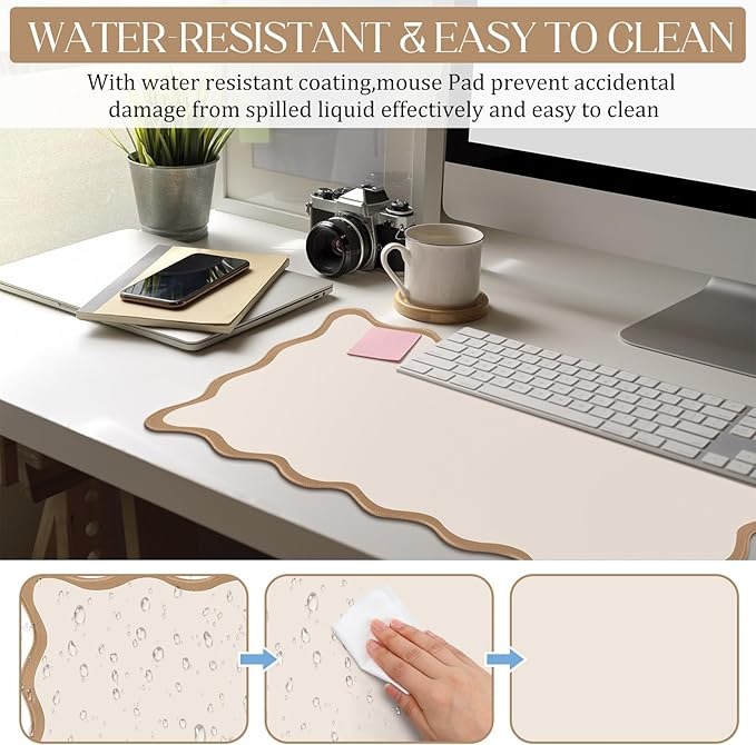 Hahafelt Scalloped Desk Mat Large Desk Pad Cute Coquette Table Mat Aesthetic Preppy Table Make up Pad Nonslip 2026 Graduation Gift with Stitching Waterproof Gaming(Beige,31.5 x 15.8 Inches)
