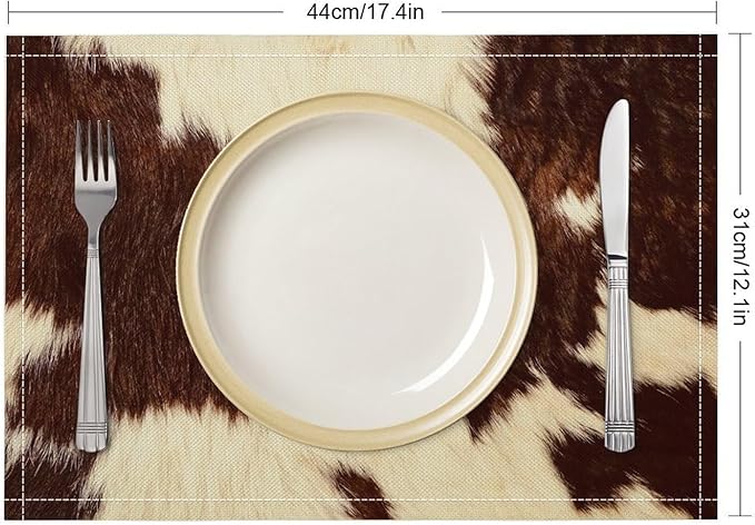 Cow Fur Placemats Farmhouse Western Farm Animal Skin Brow and White Cowhide Print Linen Washable Table Mats Stain Heat-Resistant Desktop Decor Place Mats for Home Kitchen Dining Party 12x18 in 6 Pcs