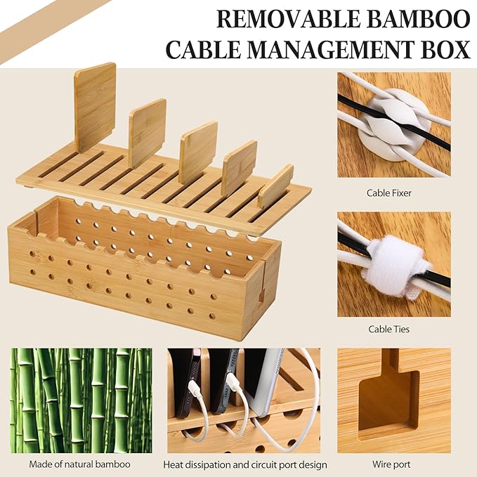 Bamboo Charging Station for Multiple Devices, Cell Phone Docking Charging Station Organizer and Cord Organizer for 10 Devices for Power Strip Storage, Phones and Tablets(Primary Color)