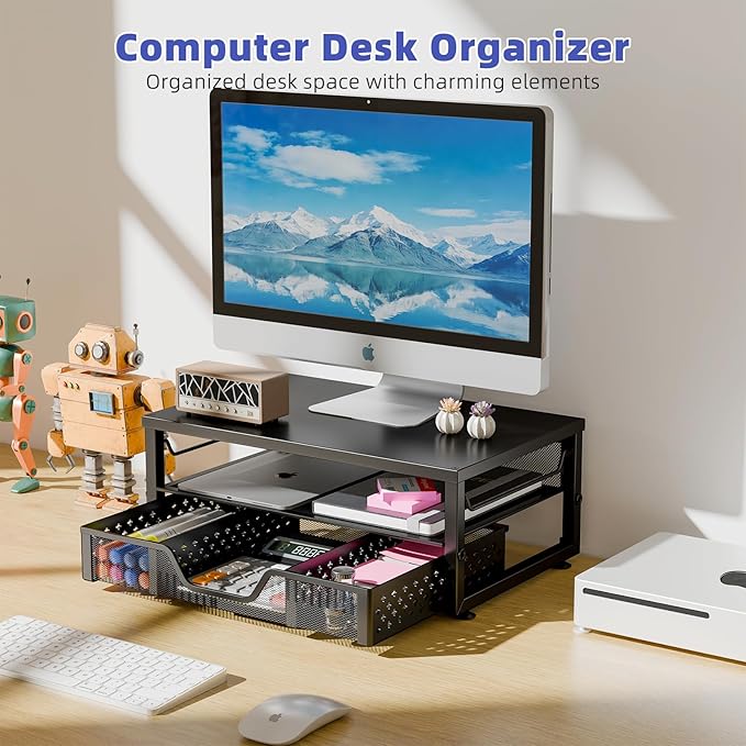 Simple Trending Desk Organizer and Accessories, Computer Monitor Stand Riser with Drawer, Metal Laptop Stand for Desk, Black