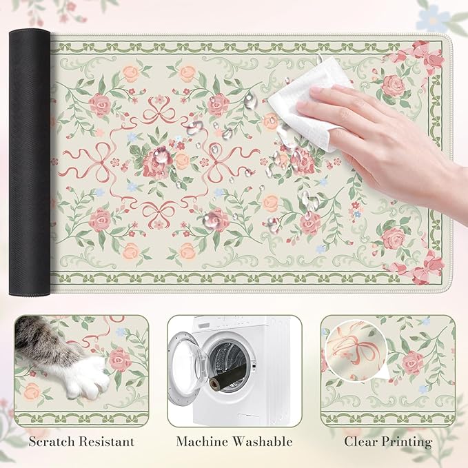 HAOCOO Cute Floral Desk Mat, Large Waterproof Mouse Pad, Girly Desk Matt for Desktop, 35.4" x 15.7" Non-Slip Keyboard Pad, Computer Mat with Stitched Edge, Office Decor Home Desk Accessories (Green)