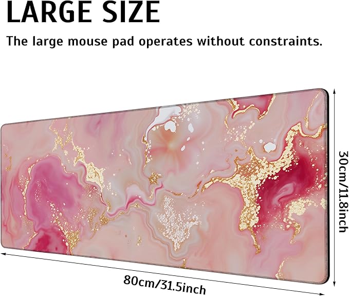 Large Gaming Mouse Pad Pink Gold Marble Desk Mat,Non-Slip Rubber Base Stitched Edges,Extended Mousepad for PC,Laptop,Office,Home Decor(31.5 x 11.8 Inch)