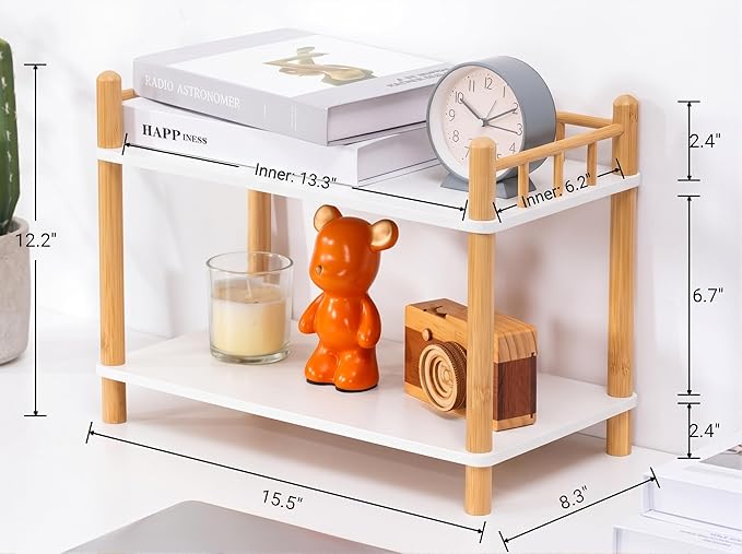 2-Tier Expandable Bamboo Desktop Organizer Shelf Kitchen Cabinet and Counter Riser Display Shelf for Top of Desk Home Office Bathroom Coffee Table Display Stand White