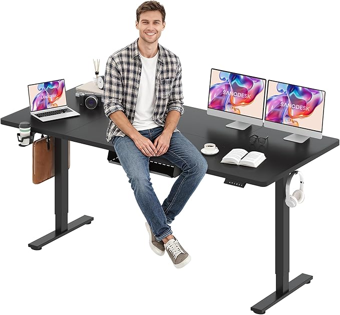SANODESK Electric Standing Desk 79 x 32 Inches, Height Adjustable Sit Stand with Large Splice Board Desktop for Home Office, Computer Workstations，Memory Ergonomic Computer Desk, Black Frame/Black Top