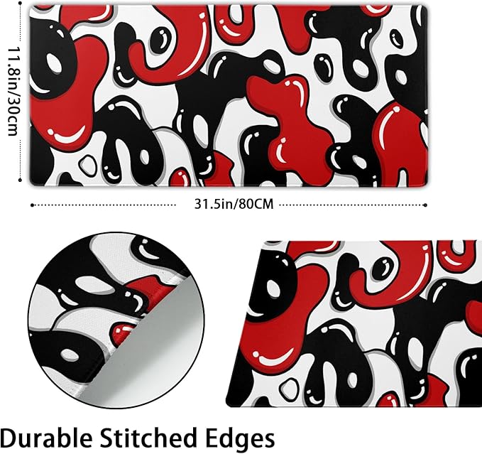 Red Black White Mouse Pad XL 31.5”x11.8” Anime Cool Geometric Japanese Desk Mat Non-Slip Rubber Base Stitched Edge Extended Keyboard Mouse Mat Desk Pad Large Mousepad for Home Office Work Desktop