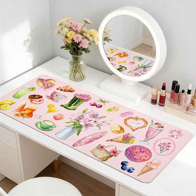 Pink Floral Mouse Pad Large 35.4×15.7 Aesthetic Cute Desk Mat for Women Girls, Non-Slip Water-Resistant Keyboard Pad for Home Office Gaming