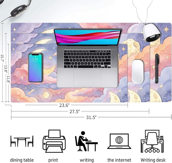 Cute Desk Mat, Pink Clouds Large Mouse Pad for Desktop, PU Leather Waterproof Desk Pad, Anti-Slip Computer PC Laptop Protector Gaming Mouse Pads for Office Home Decorations (23.6" x 11.8")