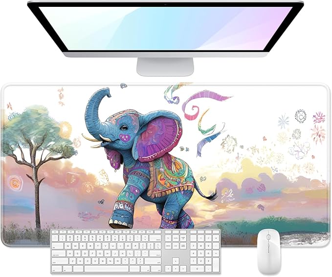Desk Pad, 32" x 16" XXXL Extended Large Gaming Mouse Pad, Desktop Decor Desk Mat, Men Women Office Supplies and Accessories, Cute Anime Mouse Mat for Laptop & Keyboard, Colorful Elephant