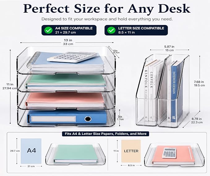 DCA Clear Acrylic Desk Organizer Set, 4 Tier Letter Tray with 2 Magazine File Holders, Clear Paper Organizer for Office, Home, School, Desktop File Storage for Documents, Books & Supplies
