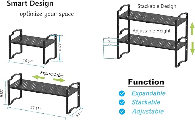Jojocross Expandable Shelf Cabinet Organizer Adjustable Stackable Spice Rack at Kitchen and Bathroom More, Countertop Cupboard Organization Pantry Storage (1 Pack/Black, M)