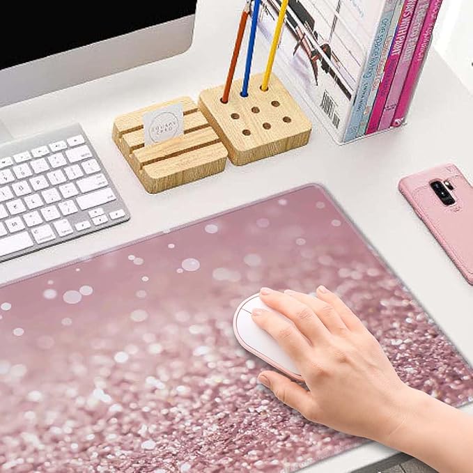 Gaming Mouse Pad Large, Keyboard Mouse Mat Desk Pad, Non-Slip Rubber Base with Stitched Edges Mousepad, 31.5X11.8 inch Pink Glitter Abstract Design