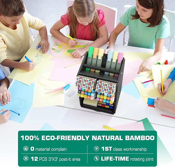 Bamboo Rotating Large Desk Organizer - Darfoo Art Supply Organizer, 13 Compartments, 1000+ Pencil Holder Capacity, Easy DIY Assembly, Spinning Desktop Organizer for Home Office Supply (Black)