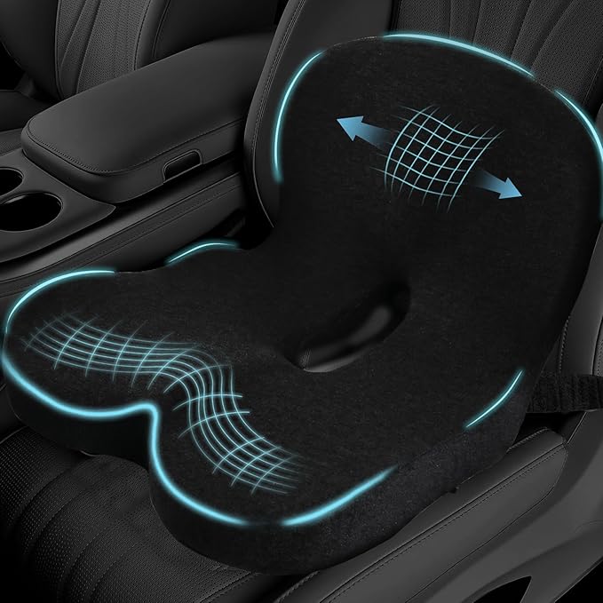 Ergonomic Seat Cushion with Adjustable Strap, Memory Foam Office Chair Seat Cushion with L-Shaped Design, Car Seat Cushion Fits for Truck Driver Semi Truck, Gaming Chair, Desk, Black