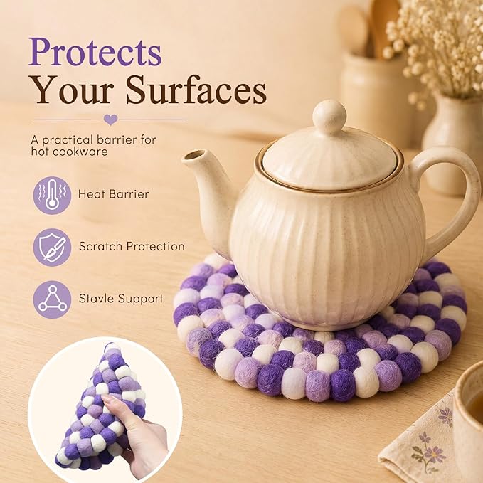 Lallisa 2 Pieces Felt Ball Trivet Round Felt Ball Coasters Handmade Trivet Multi Color Pot Mat Hot Plate Holder Heat Resistant Pot Holder for Table Desk Kitchen Decoration Accessories (Purple)