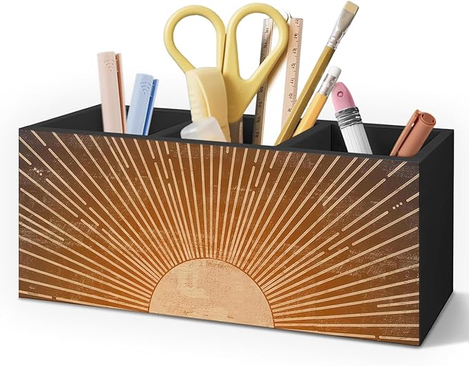Vintage Boho Sun Wooden Pen Pencil Holder for Desk Accessories, Boho Office Decor, Retro Mid Century Modern Sunshine Wood Makeup Brush Toothbrush Holder Organizer for Vanity Bathroom