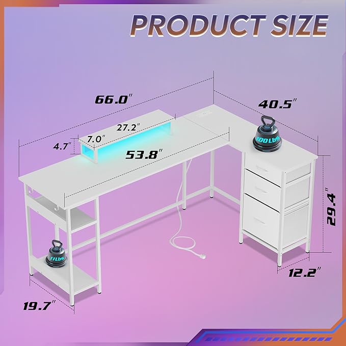 DEVAISE 66 Inch L Shaped Gaming Desk with Drawers and Storage, Corner Desk with LED Lights, Power Outlets, Computer Desk with Monitor Stand, Office Desk for Home, White