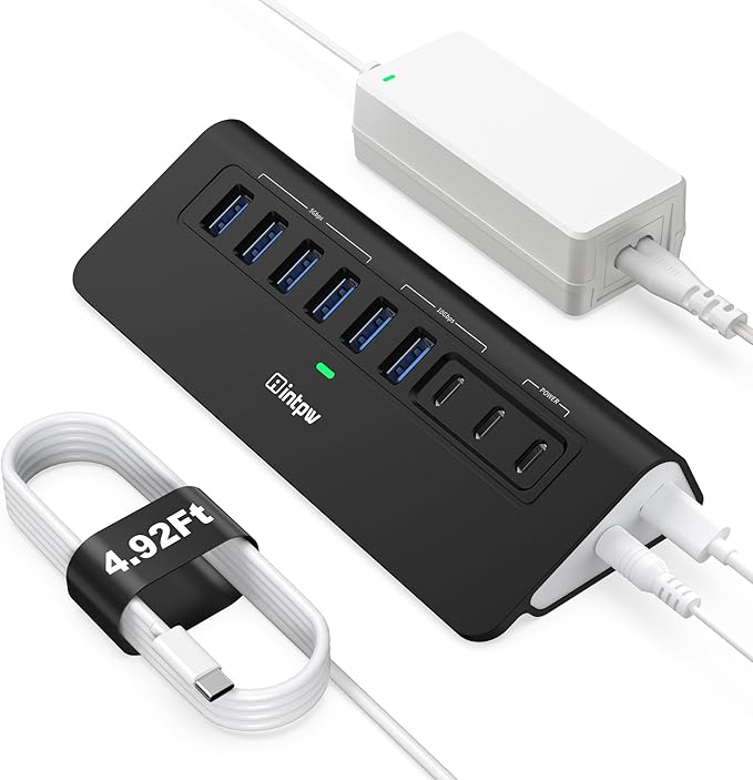 Powered USB Hub 10Gbps, intpw YH6AC 9-Port USB HUB with USB A/USB C 3.2, 4 USB 3.0, 2 PD 45W Charging Port, 65W Power Adapter + 4.92FT Cable, Aluminum USB Hub for Laptop, PC,iPhone 17/16