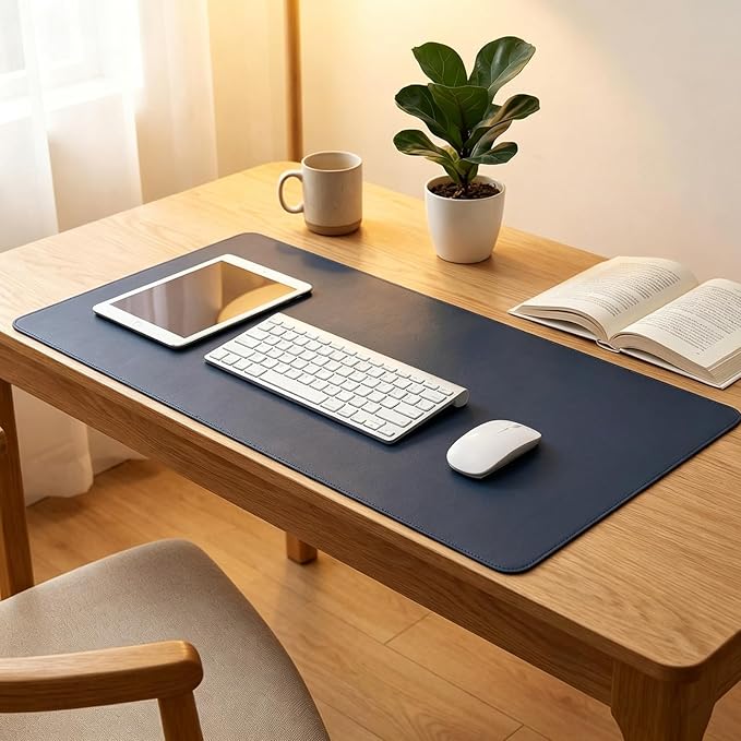 Leather Desk Blotter Pad 13 x 22.85 Inches, Flat, Non-Slip, Waterproof, Dark Blue