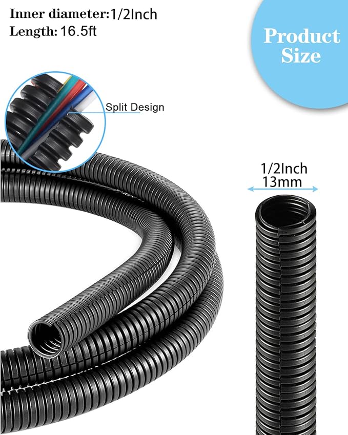 1/2 Inch Wire Loom Split Tubing - 16.5ft Cord Protector Electric Wires Covers, Automotive Wire Flexible Conduit, Plastic Wire Cover