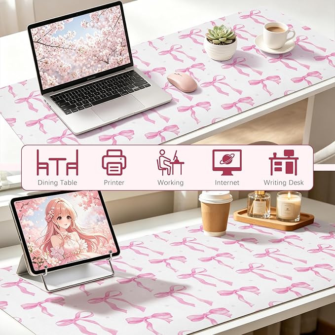 Desk Mat, Pink Bow Mouse Pad Large for Computer Laptop, PU Leather Non-Slip Waterproof Writing Pad Desk Blotter, Cute Girly Desktop Protector Pink Office Desk Accessaries for Women 31.5 x 15.7 Inch