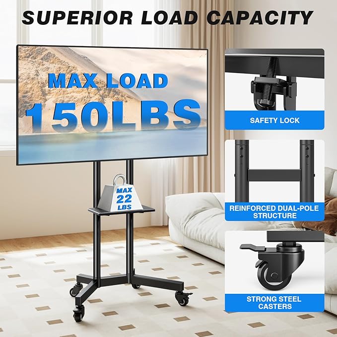 Rolling TV Stand with Shelf for 32-85 inch TVs up to 150lbs, Portable Mobile TV Cart with Silent Wheel, Height Adjustable Universal Corner TV Stand for Bedroom, Living Room, Office