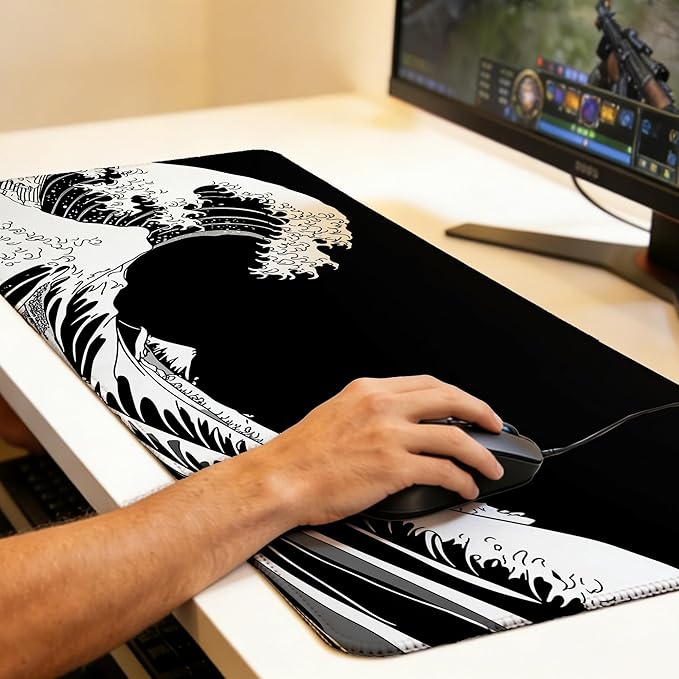 Dark Wave Mouse Pad,35.4 x 15.7 Inch Large Mouse Mat Non-Slip Rubber Stitched Edges for Writing Desk,Office,Home,Laptop