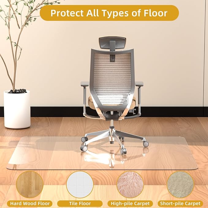 Tempered Glass Chair Mat 60" x 48" - 1/5" Thick, Heavy Duty, Anti-Slip Pads, for Office Chairs on Carpet or Hard Floorr with 4 Anti-Slip Pads, Rolling Glass Chair Mat