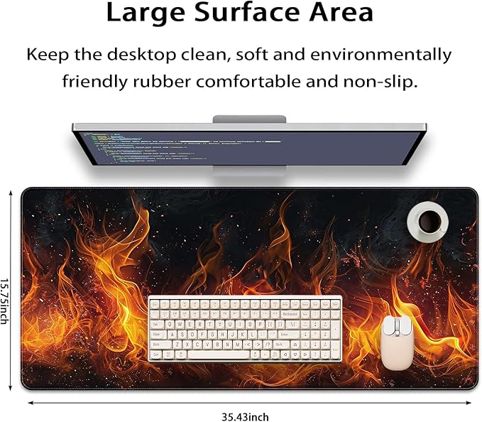 35.4 x 15.7 in, XXL Large Mouse Pad for Desk, Extended Keyboard Mouse Mat for Computer Office, Big Mousepad with Stitched Edges, Gaming Pc-Flame on Black