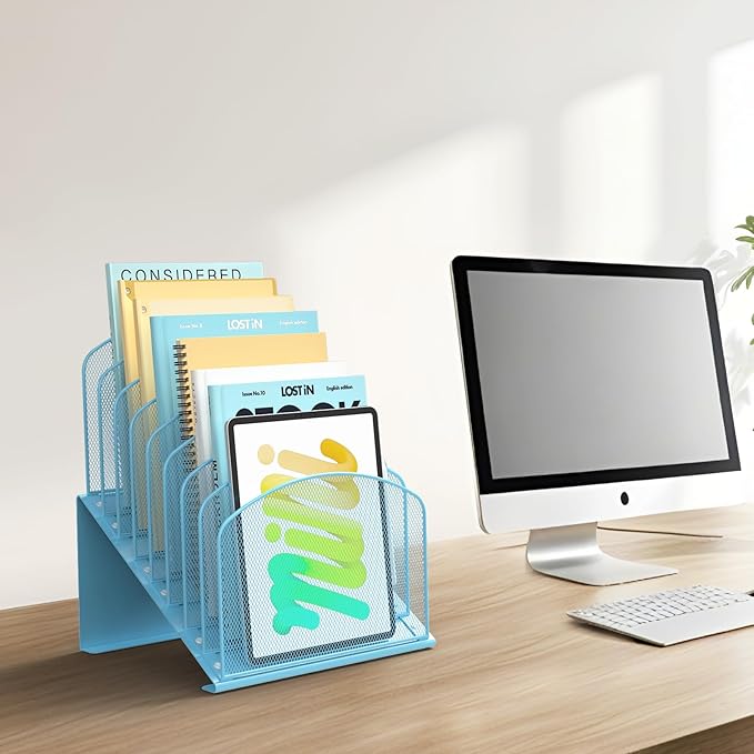 Inclined Desk File Organizer Metal Desk Magazine Folder Holder with 8-Section Vertical Compartments Rack File Organizer for Office, Home, School, Blue