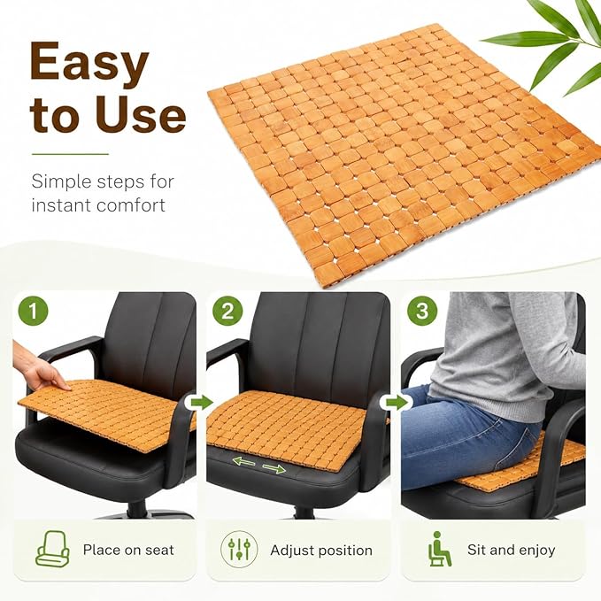 DECHOUS Natural Bamboo Chair Cushion Summer Cooling Car Seat Cover Pad for Office Chair - Breathable Seat Cushion Mat Comfort and Durability - 16.2 Inch