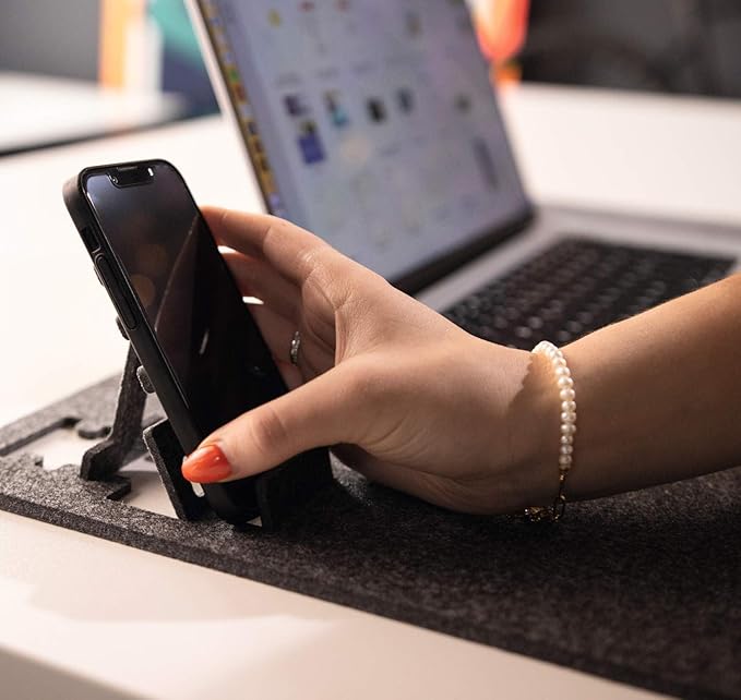 Durable Effect Soft Felt Office Desk Mat - 27.5" x 13" Inches - Gray Desk Pad Mat with Phone Holder Made of Recycled PET Flet - Foldable and Portable