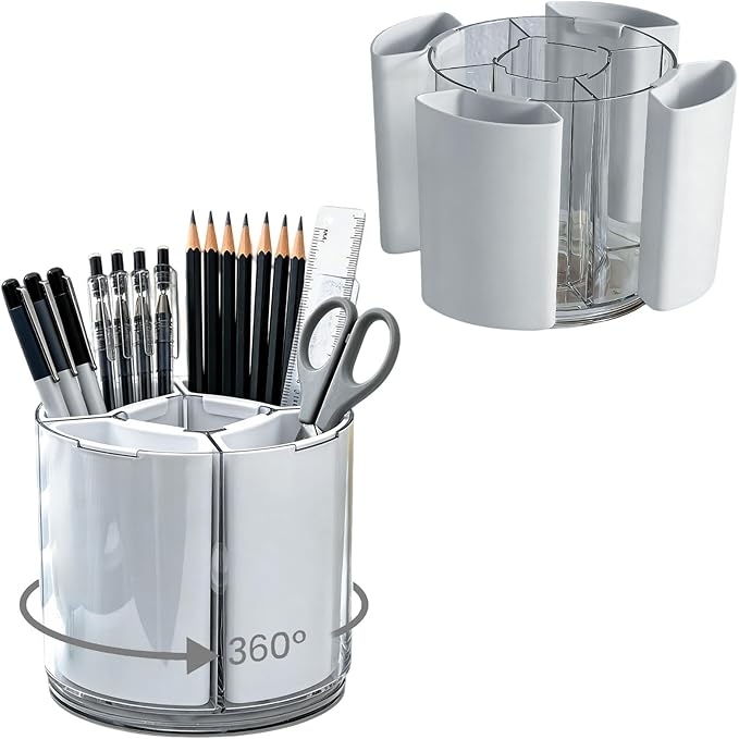 360 Rotating Plastic Desk Pen Organizer, Rotating Detachable Desk Organizer, Multi Compartment Pen Holder, 5 Slots Unique Make Up Brushes Cup for Cosmetics, Art Supply, White, 1 Piece