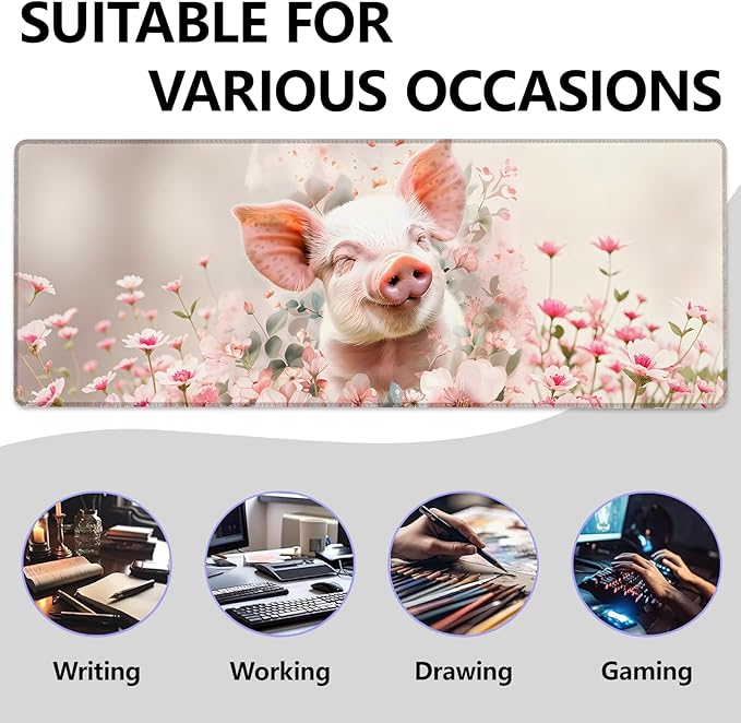 Cheerful Piglet Large Mouse Pad, Gaming Mouse Pad, Non-Slip Rubber Base, Office Accessories, Desk Mat, Pig MousePads for School, Work, Home Decor Gifts 31.5" x 11.8"