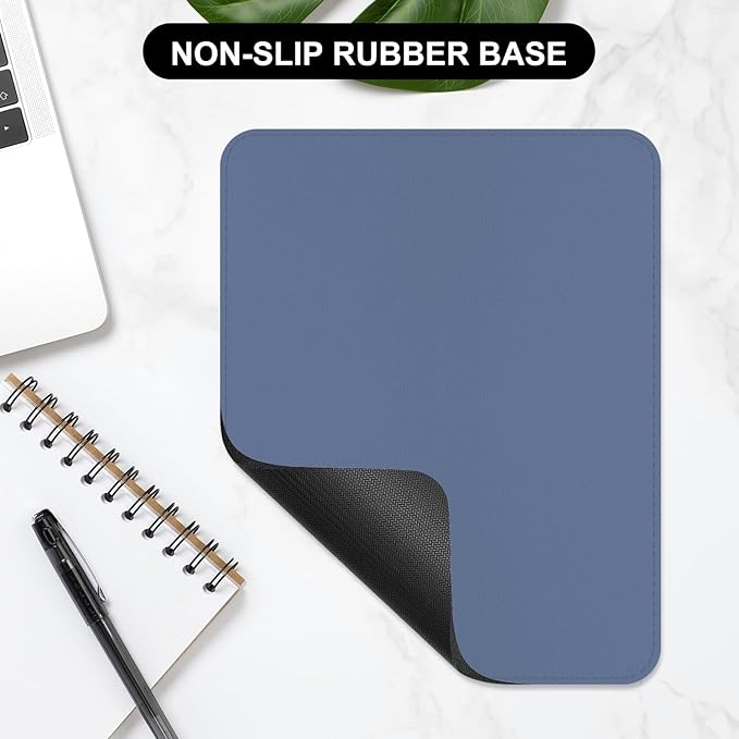 Leather Mouse Pad, Office Mouse Mat Non-Slip Rubber Base Stitched Edge Washable Waterproof Rectangular Mousepad for Office Gaming PC Laptop, 9.8" x 7.9", Gray Blue