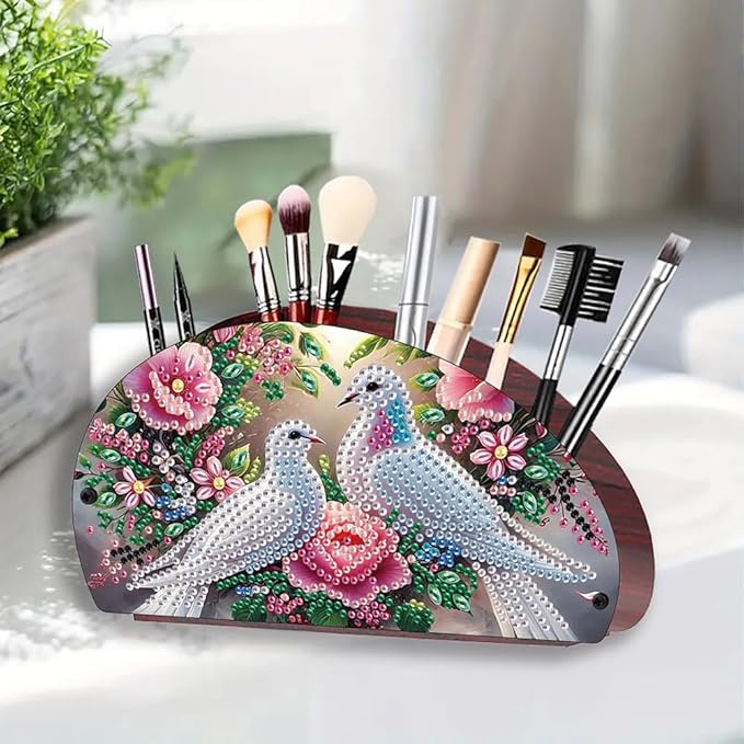 POETRYDRAW DIY Birds Diamond Art Painting Wooden Storage Box – Multi-Grid Moon Fan Makeup Brush Organizer, Double-Sided Drill Tabletop Holder for Women, Office & Home Decoration