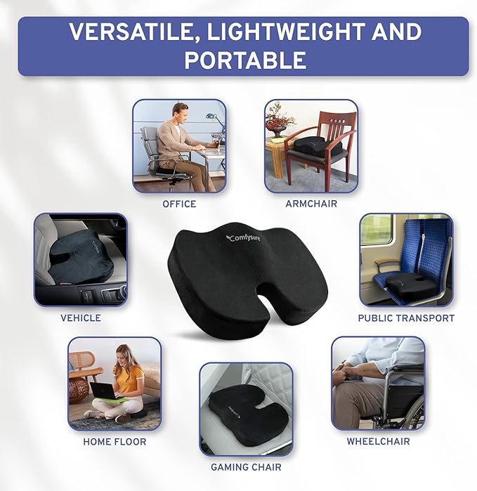 Memory Foam Seat Cushion - Tailbone Pain Relief Cushion, Non-Slip Sciatica Pain Relief Pillow - for Office Chair, Car, Wheelchair, Computer, Desk Chair - Coccyx, Lower Back Support (Black)