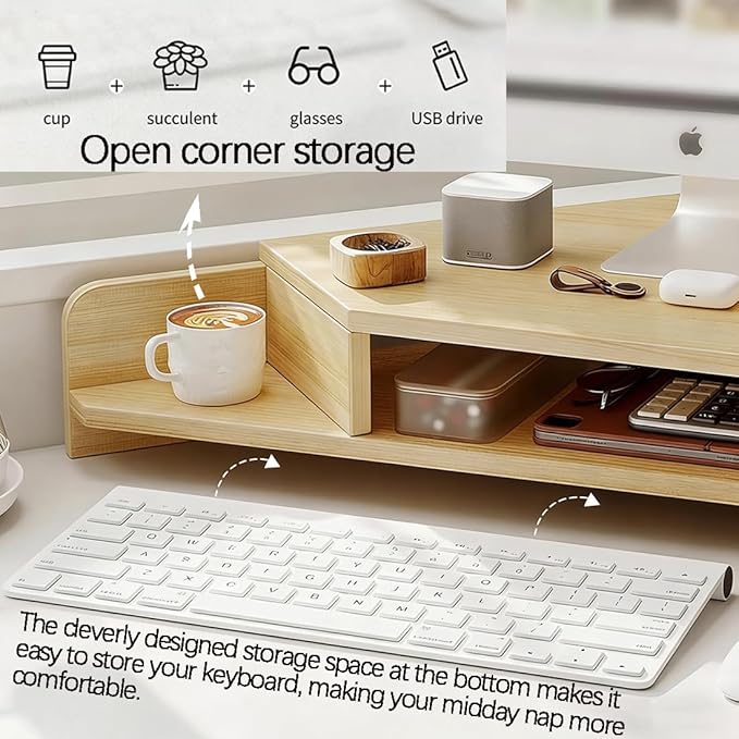 Corner Monitor Stand with Storage Space Triangle Riser Combo Desktop Corner Shelf with Cup Holder Pegboard Office Desk Accessories and Organizer for Office & Home,Natural,Single Layer