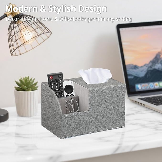 Square Tissue Box Cover with Storage, PU Leather Cube Tissue Box Holder, Remote Control Nightstand Organizer, Modern Desk Caddy for End Table, Bathroom, Bedroom, Home, Office Decor(Grey)