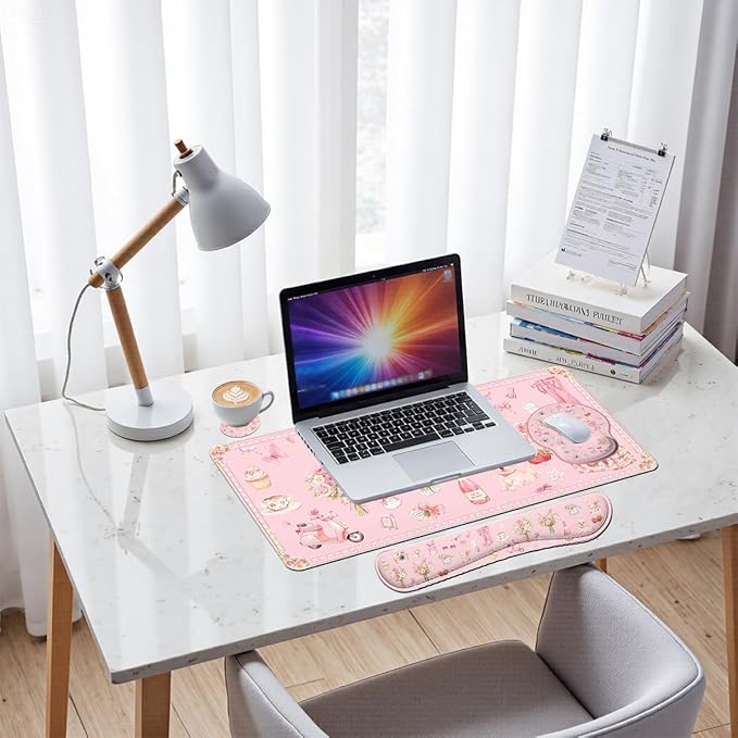 Pink Collage Desk Mat Set Coquette Floral Cute Aesthetic Large Mouse Pad with Wrist Rest 4in1 Desk Mat for Desktop Ergonomic Computer Desk Arm Wrist Anti-Slip Computer Mouse Pad Home Office Gaming