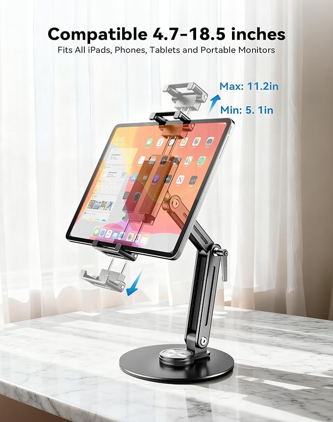 Portable Monitor Stand Large Clamp - Heavy Duty Aluminum Body supports up to 4.4 lbs 16" 17.3" 18.5 inch 360° Rotating Base Swivel Foldable Desk Stand for iPad Holder Tablet Mount for Kitchen/Travel