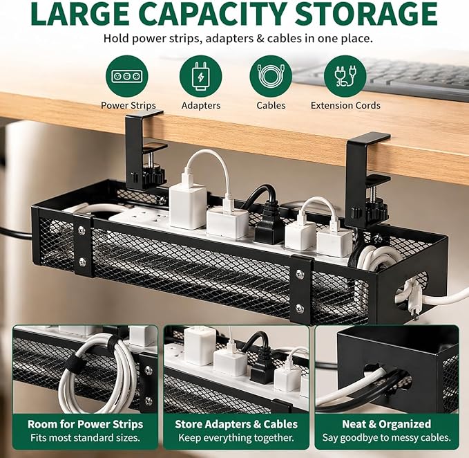 Under Desk Cable Management Tray, Metal Desk Cord Organizer, Adjustable Clamp, No Drill, Durable Desk Cable Organizer – 15.7''
